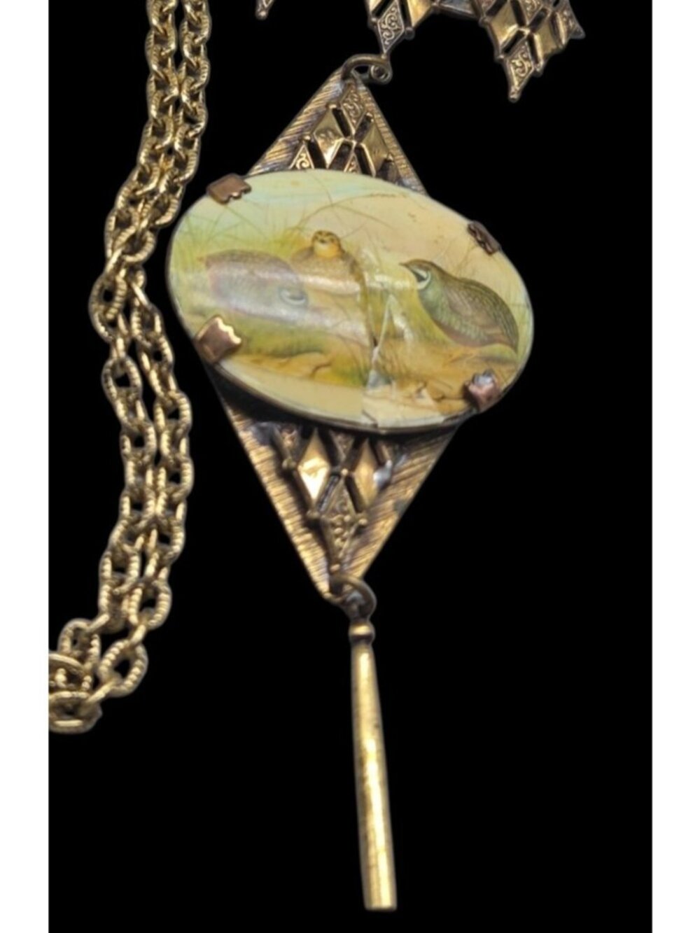 Antique Victorian Celluloid Quail Bird Pendant Necklace Brass Filigree 22" AS IS - Picture 9 of 15